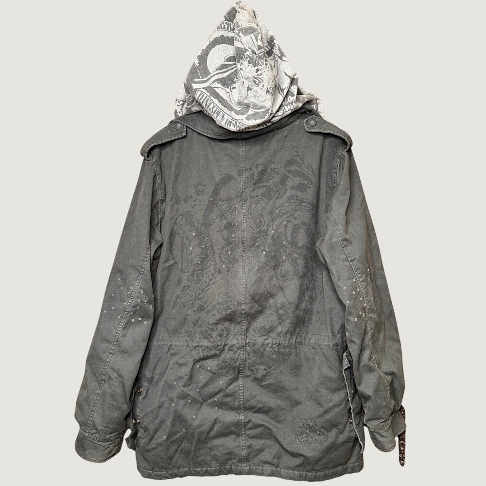 Ringspun Northern Soul Mens Large Distressed Military Field Jacket Gray Hooded